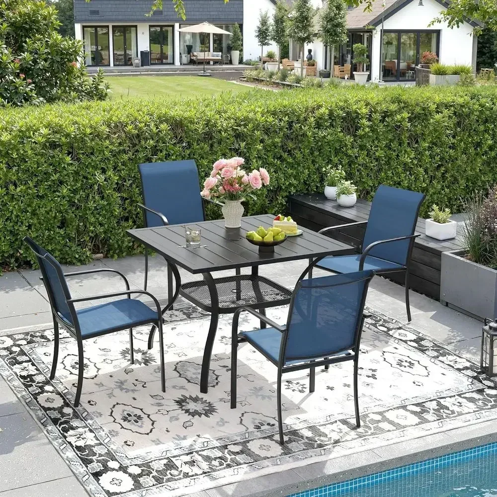 Outdoor 5-Piece Dining Set: Square Table with Umbrella Hole & 4 Stackable Blue Chairs for Patio, Garden