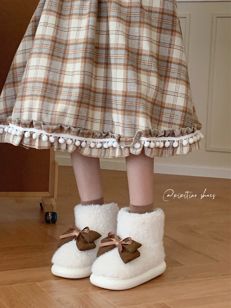 Knitted Ribbon Bow Home Boots Lamb Wool Cotton Shoes For Women's Man Winter Outwear Versatile Thick Snow Boots