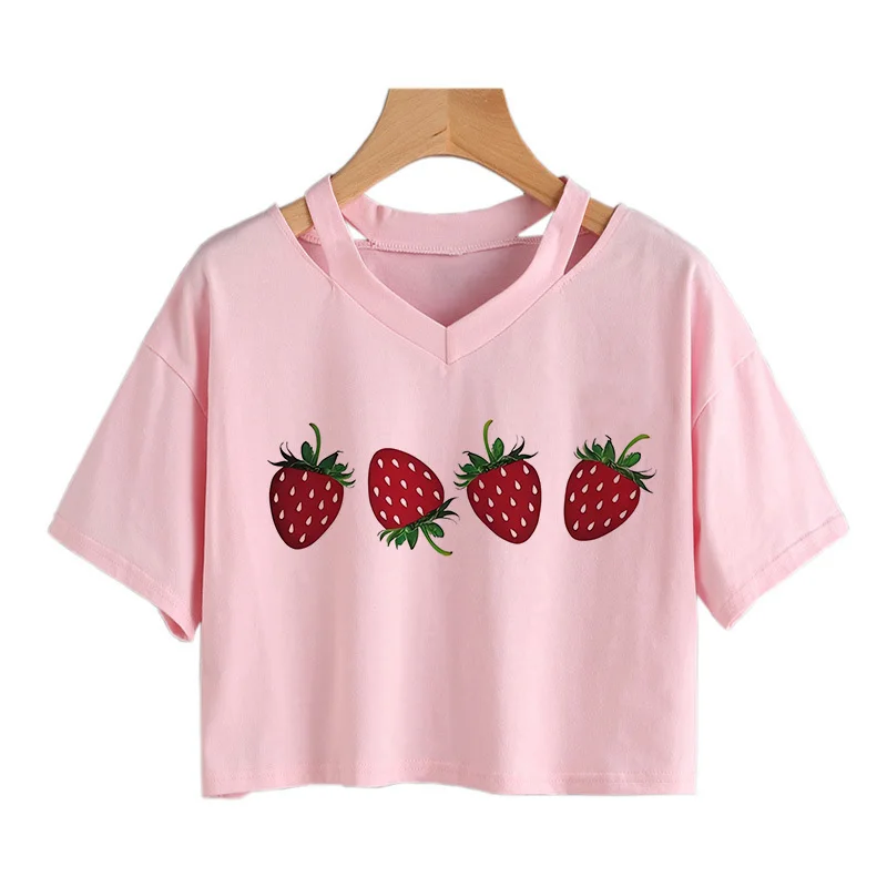 

Футболка с клубничным принтом, укороченный топ с коротким рукавом и круглым вырезом для женщин, повседневная одежда на весну и лето