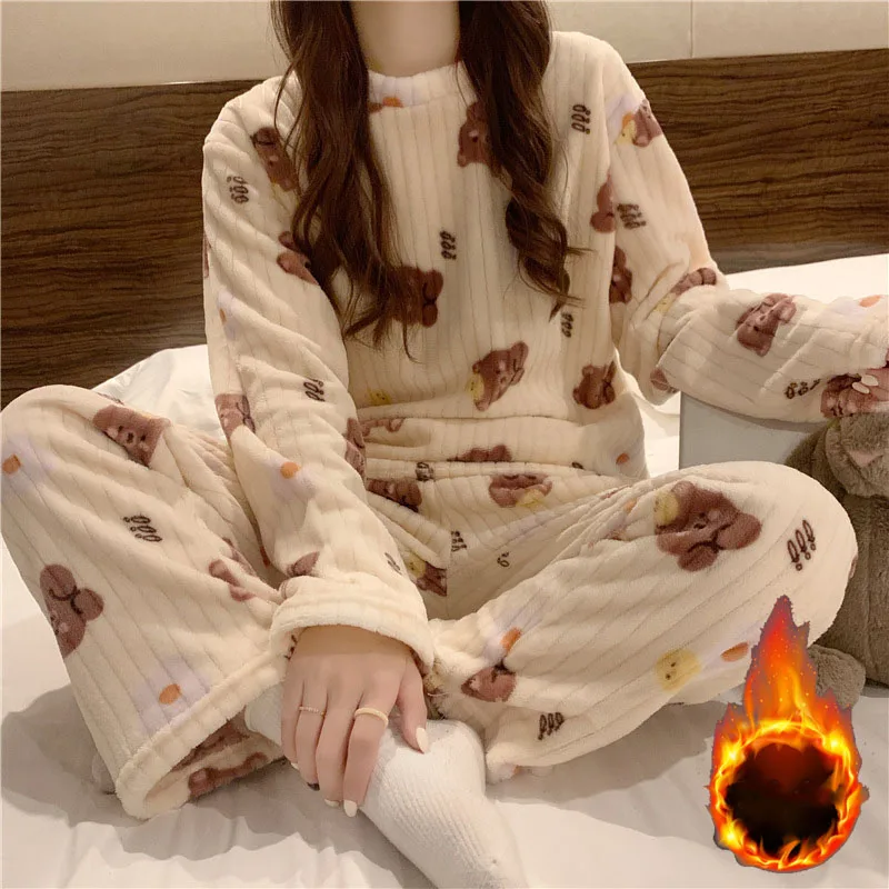 Damen-Pyjama-Set aus weichem Plüschfleece mit niedlichem Bärenmuster, langärmliges Oberteil und Hose für den Winter, als Schlafanzug oder Loungewear, Weihnachtsgeschenk.
