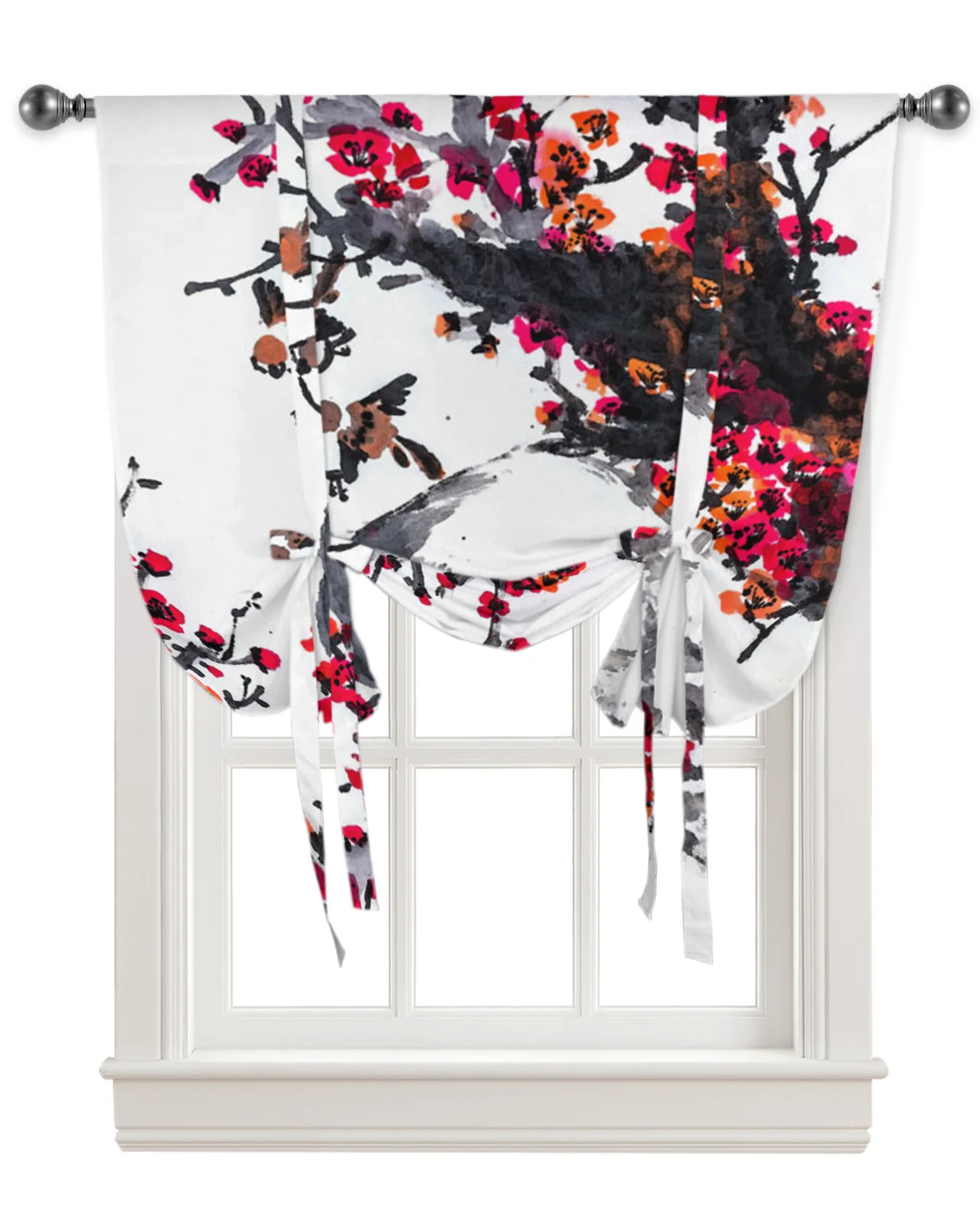 Ink Painting Sparrow Plum Blossom Flower Kitchen Short Window Curtain Modern Home Decor Small Window Roman Tie Up Curtains