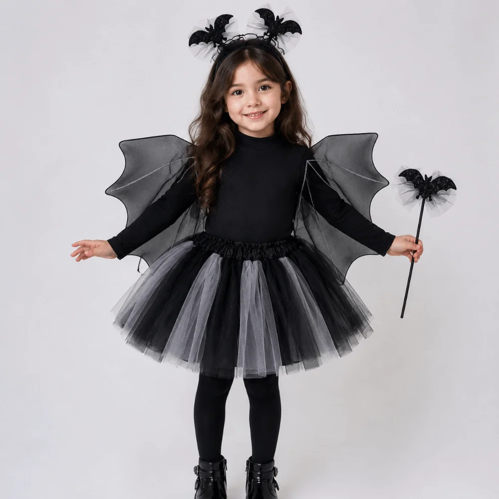 Spider Web Children Costume Set Bat Wing Headband Magic Wand Cosplay Outfit Lightweight Breathable Halloween Kids Skirt - view 2