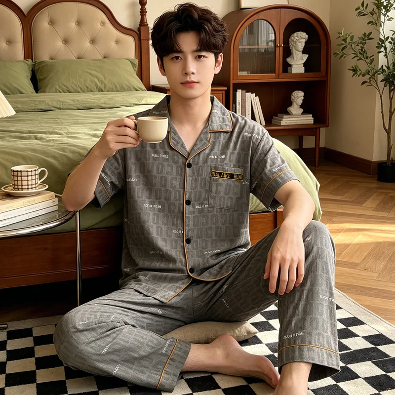 Men Casual Pajamas Short Sleeved Pants Middle-Aged Men's Home Clothes Comfortable and Breathable in Spring and Autumn Sleepwear