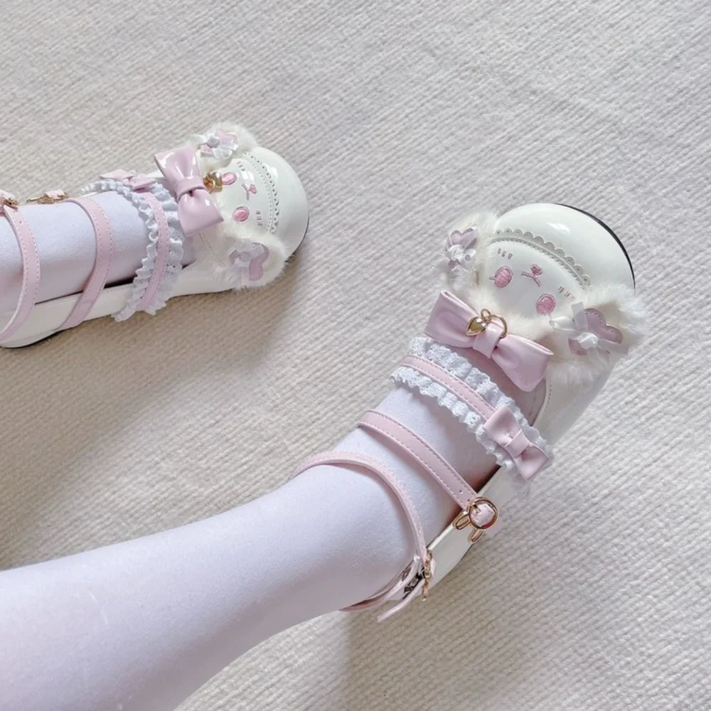 Cute Lolita Style Mary Jane Shoes with Pink Bows Lace Trim and Plush Details for Sweet Outfits