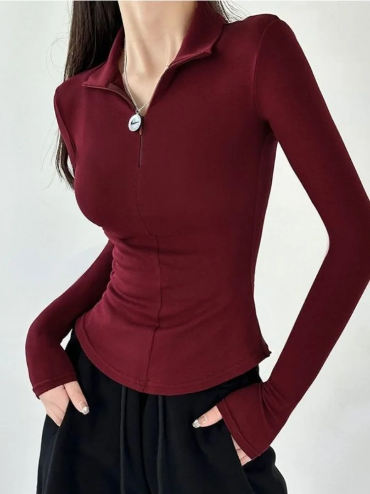 Zipper Polo Neck T Shirt for Women Plain Slim Spring Autumn Korean Clothing Woman Tshirt Luxury with Collar Synthetic Original