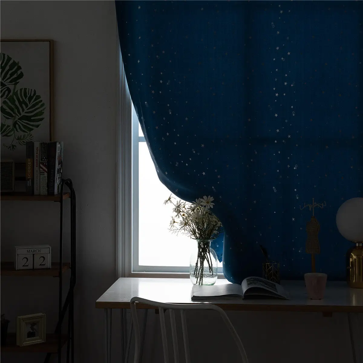 Blackout Curtain Silver Star Decor Punch Free Tape Mounted Window Drape Sky Blue 90x180cm