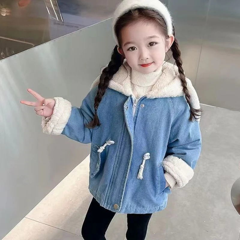 Korean Children's Clothing Winter New Style Girls' Plush Thick Denim Jacket Baby Imitation Fur Warm Windbreaker