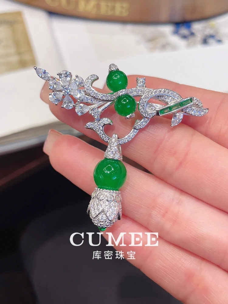 CUMEE New Chinese Design Chalcedony Bead Brooch Women Pendant Two-Wear Version. 925 Silver and Gold Plated - Image 4