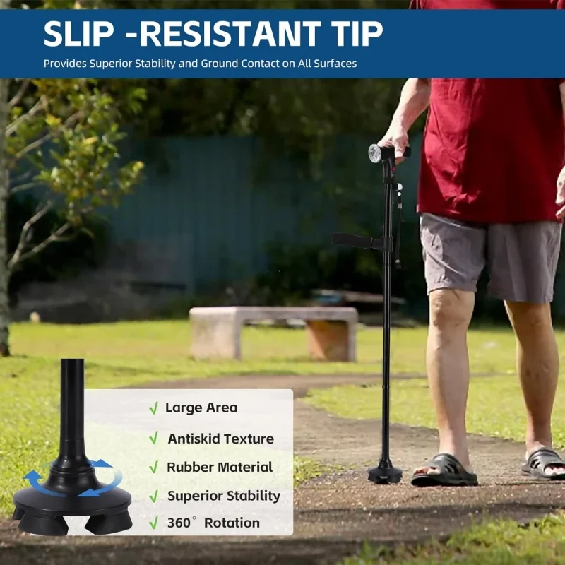 Folding Elderly Walking Stick With Buffered T Handle And Pivoting Quad Base Walking Stick Cane With LED Light And Alarm