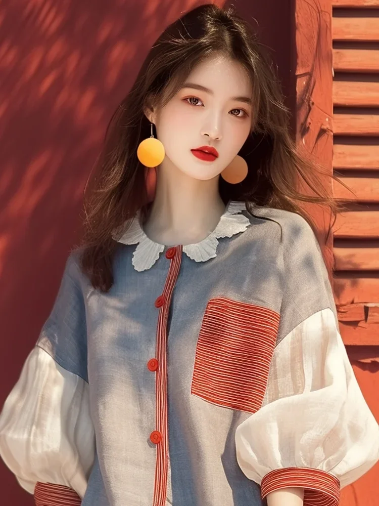 Chiffon Vintage frauen Hemd Sommer Neue Patchwork Koreanische Kleidung Verkäufe Lose Kurzen Ärmeln Tops Oansatz Frauen Blusen