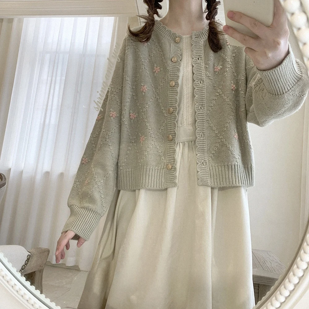 Vintage Handmade Knitted Sweater Cardigan Floral Embroidery Green Cute Floral Retro Girl Commute Style Long Sleeve round Neck
