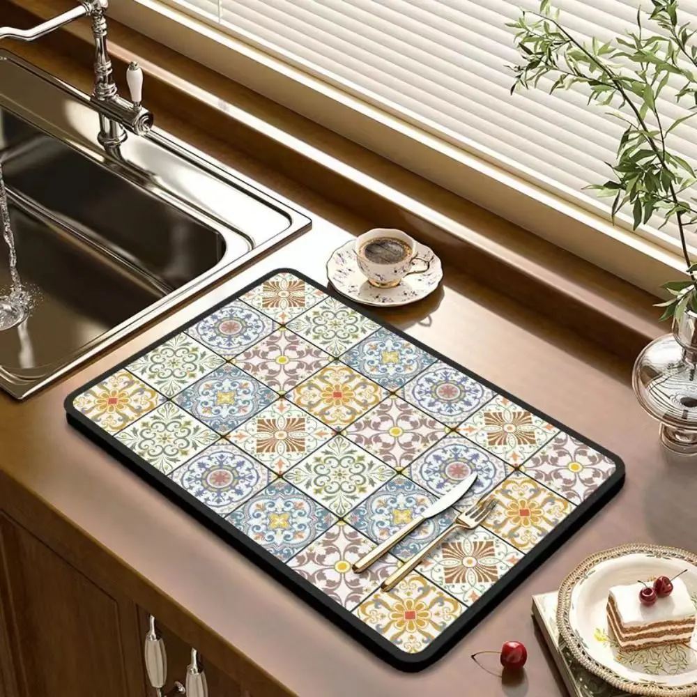Rectangle Kitchen Drain Pad Vintage Baroque/Moroccan Style Dish Drying Mat Printed Anti-slip Tableware Placemat