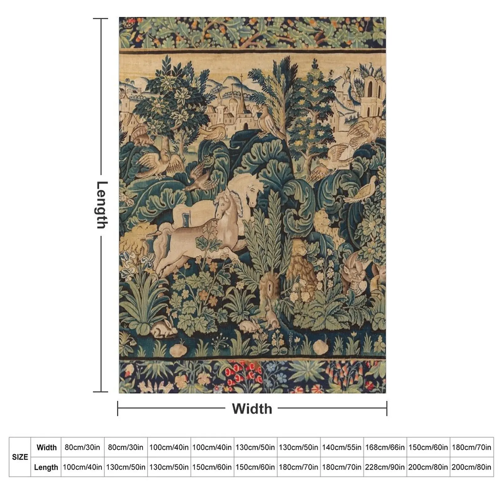 FANTASTIC ANIMALS AND HORSES IN WOODLAND Blue Green Ivory Antique French Tapestry Throw Blanket anime Retros Blankets