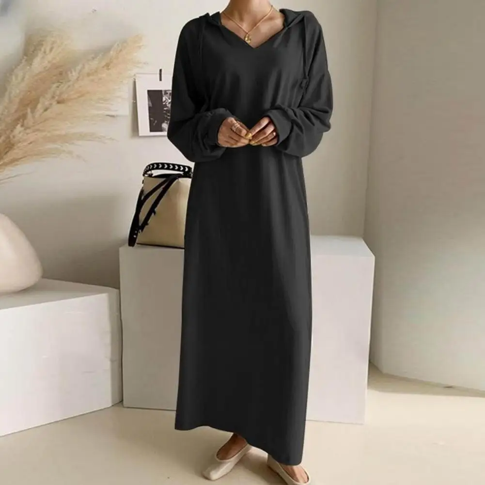 Elegante vestido de manga comprida com capuz feminino, vestido maxi com cordão feminino, monocromático, solto com decote V, primavera, outono