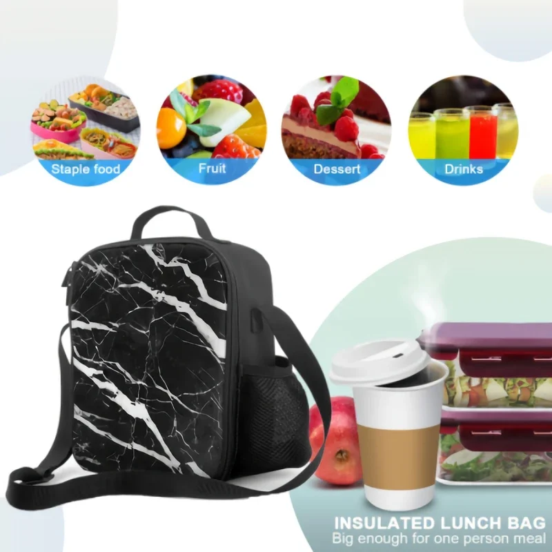 3D Natural Black Marble Texture Insulated Lunch Box Leakproof Portable Lunch Bag Durable Cooler Tote Bag for Beach Picnic Office