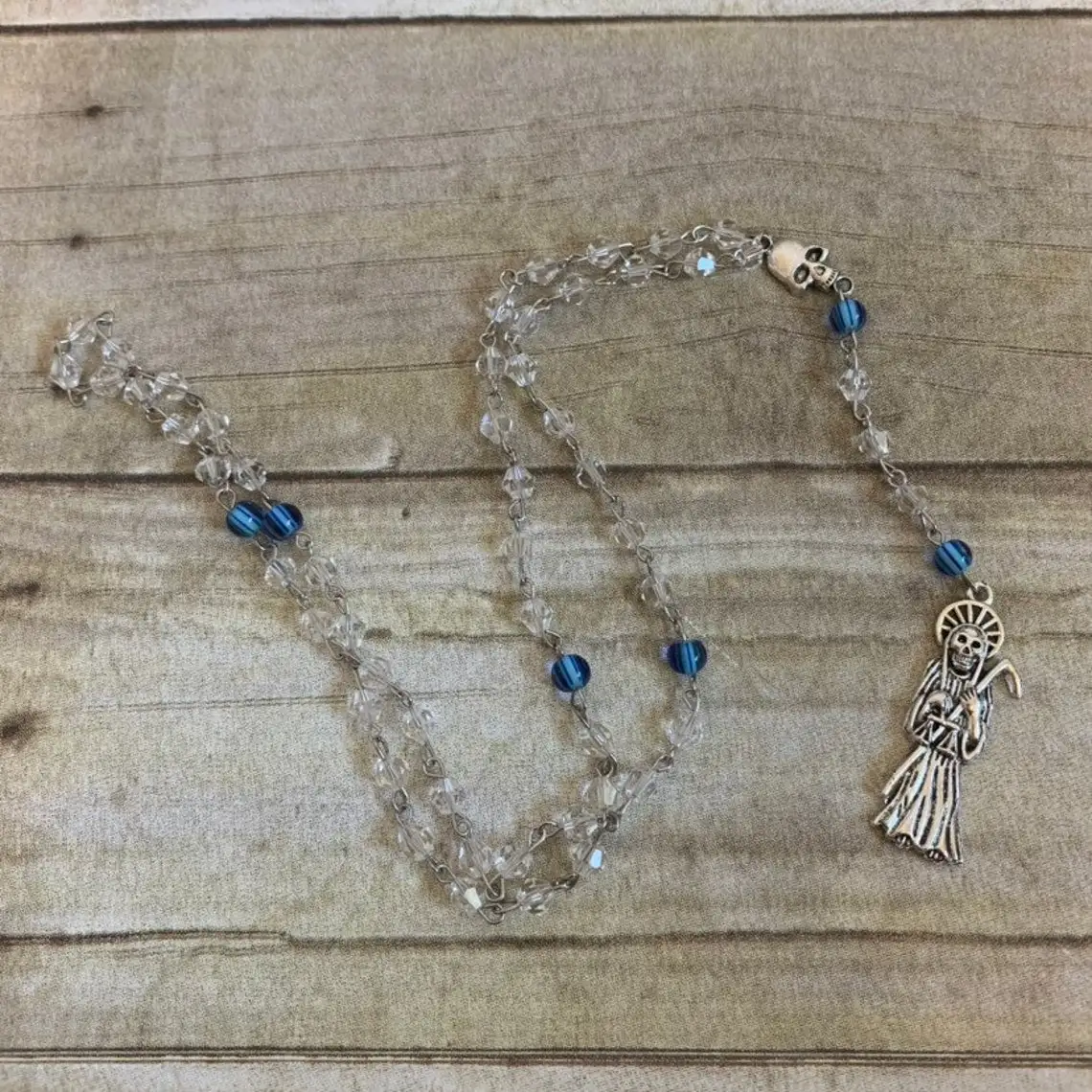 Clear and blue santa muerte rosary, santisima muerte rosary, nuestra senora de la santa muerte, holy death rosary, sacred death