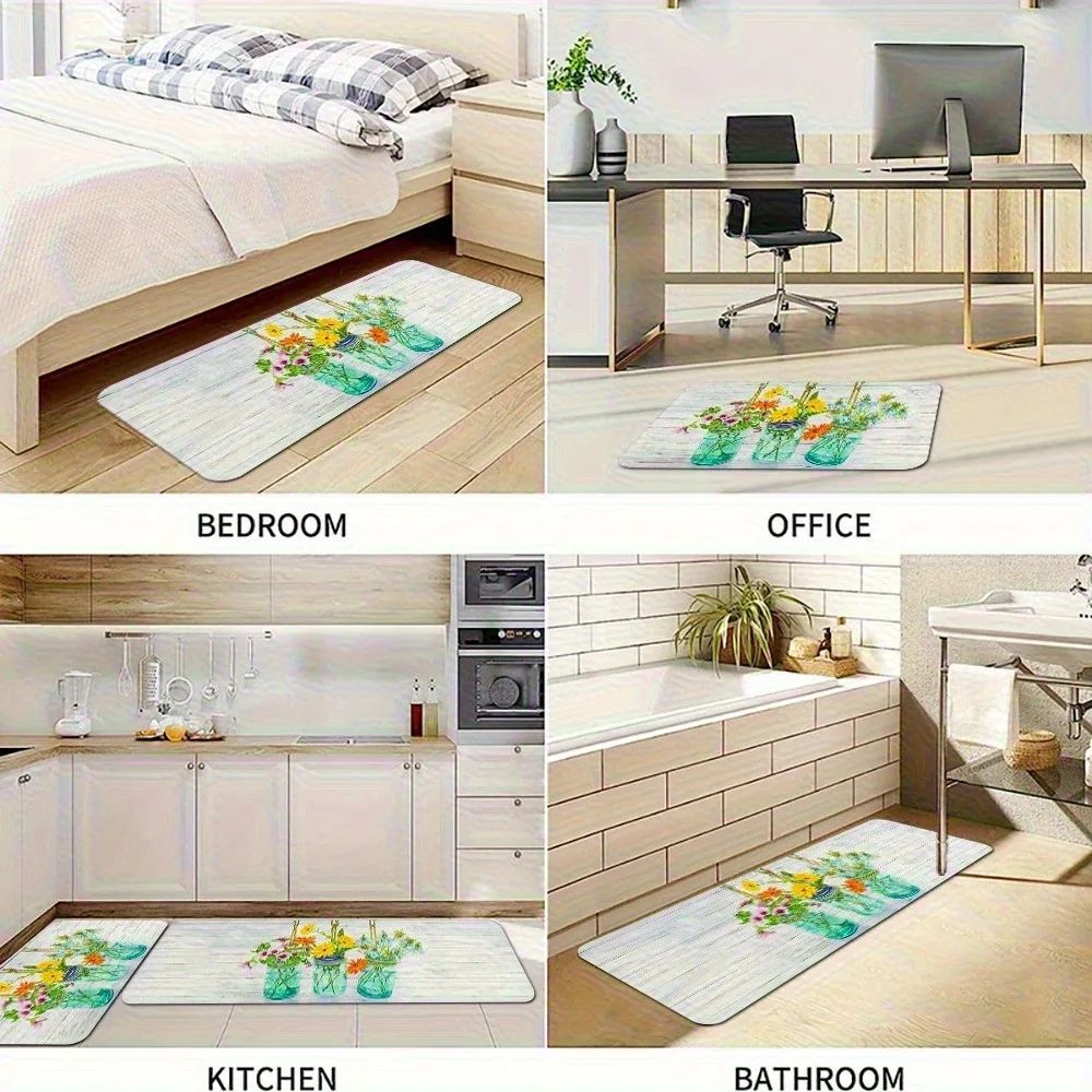 

1PC Botanical Glass Jar Kitchen Rug Non-Slip Door Mat Pop design Bathroom Rug Bath Mat Carpet for Home Sink Laundry Decor