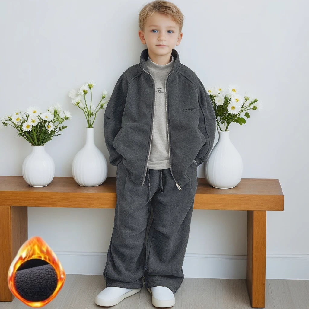 

Boys Tracksuit Winter Warm Fleece Stand Collar Zipper 2pcs Outfit Trendy Casual School Kids Clothes Set Grey Sportswear 8 10 Y