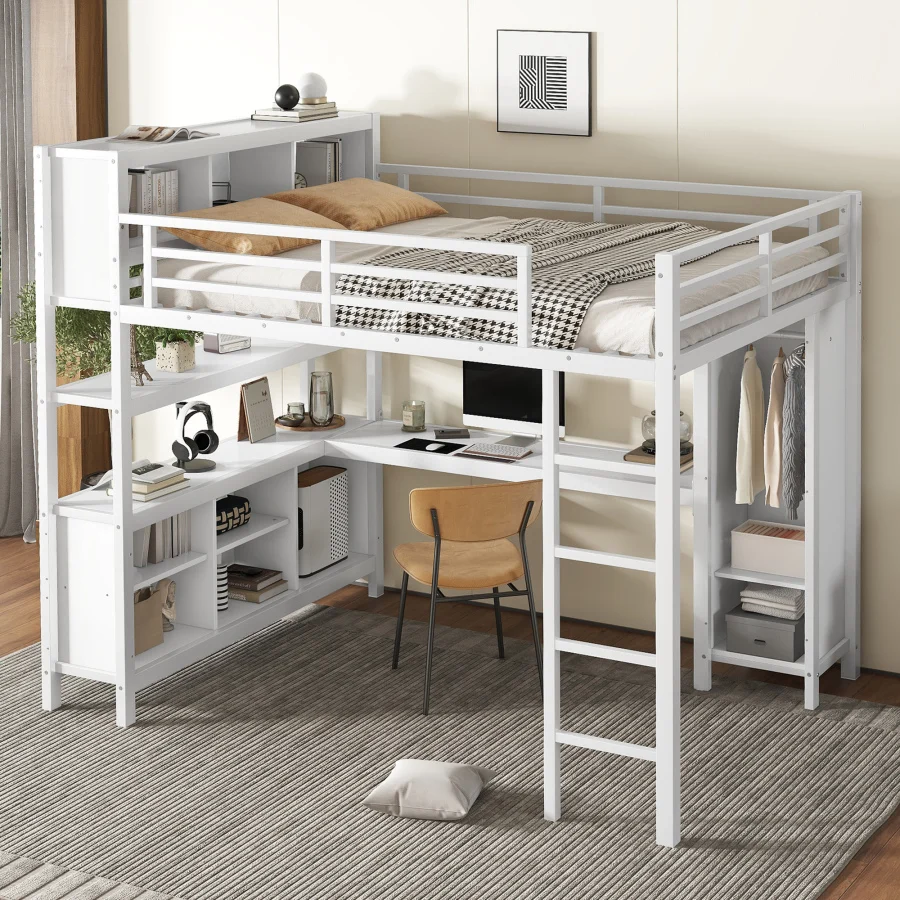 Metal Loft Bed with Wardrobe And L-shaped Desk, Queen Size Loft Bed with Storage Cubes and Shelves, Heavy Duty Loft Bed for Tee