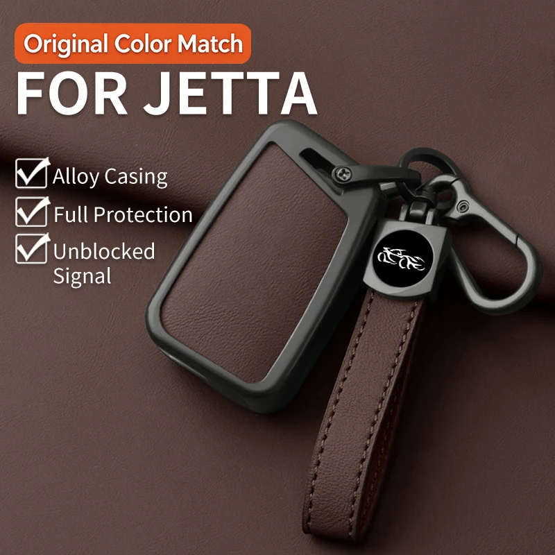 3 Button Car Key Fob Cover For Jetta VA3, VS5, VS7,Oblique Corner Zinc Alloy Leather Key Case,Car Key Protector With Strap