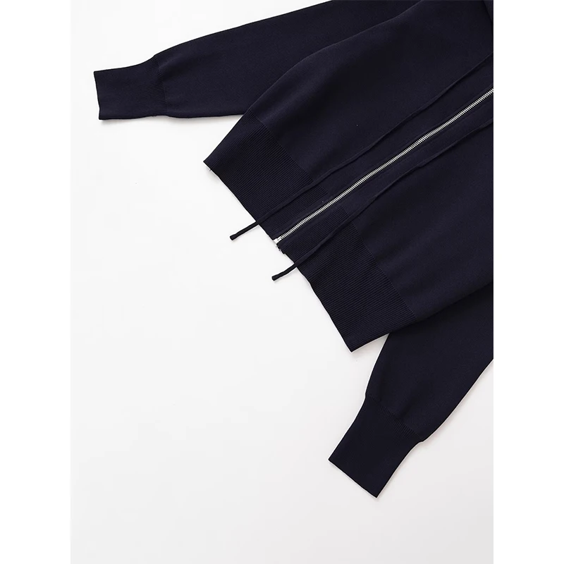 YENKYE New Women Navy Blue Knit Hooded Cardigan Front Zipper Long Sleeve Casual Autumn Outerwear