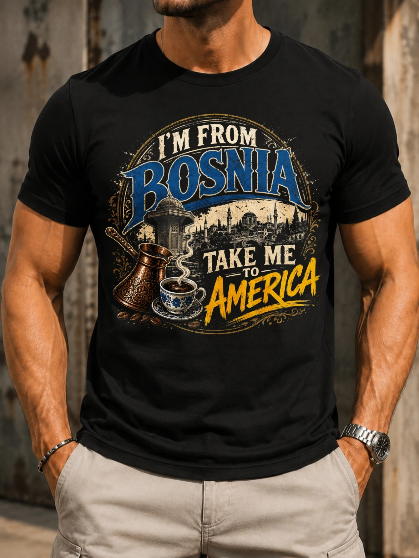 m From Bosnia Take Me To America coffee pot cup skyline and ornate vintage travel lettering Unisex  Unisex All T-Shirt