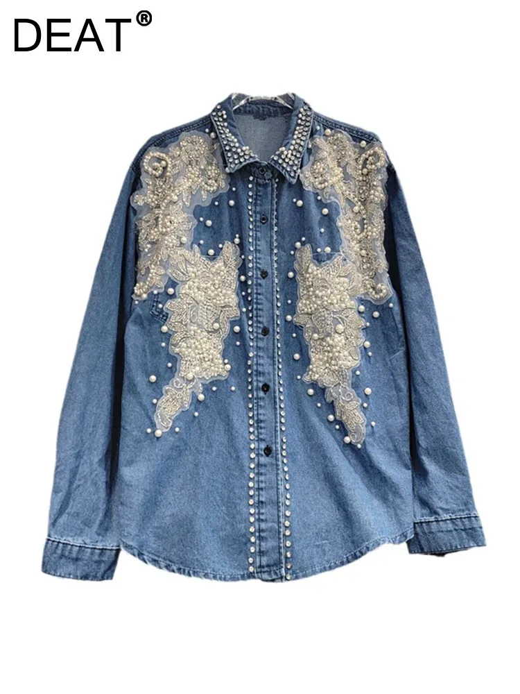 DEAT Women\'s Denim Shirt Patchwork Pearls Diamonds Beading Sequins Single Breasted Loose Blouse 2024 Autumn New Fashion 29L7973