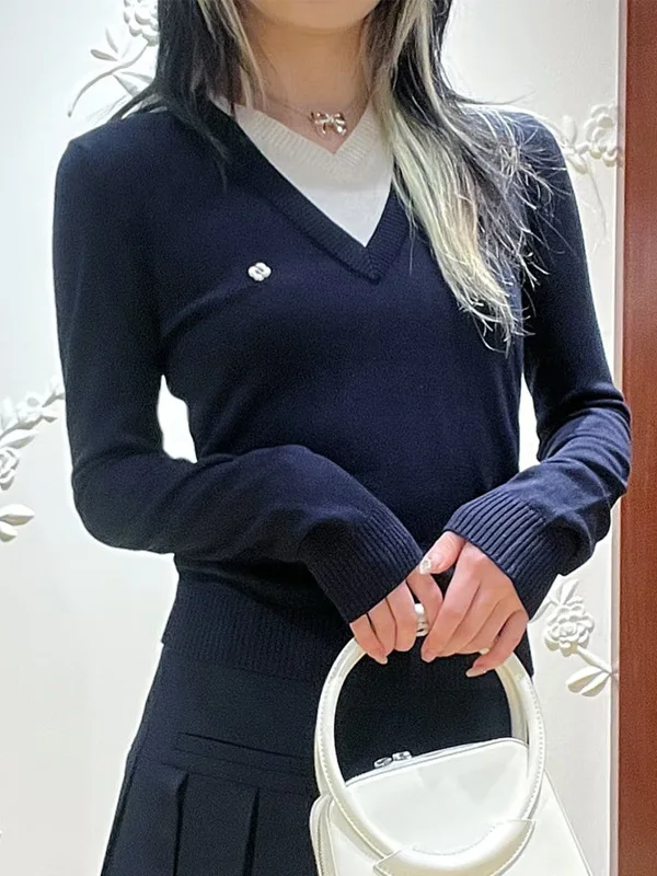 

V-Neck Splice Elastic Knitted Top Color Block Slim Fit Long Sleeve Woolen Casual Style Spring Fashion Ladies Sweater