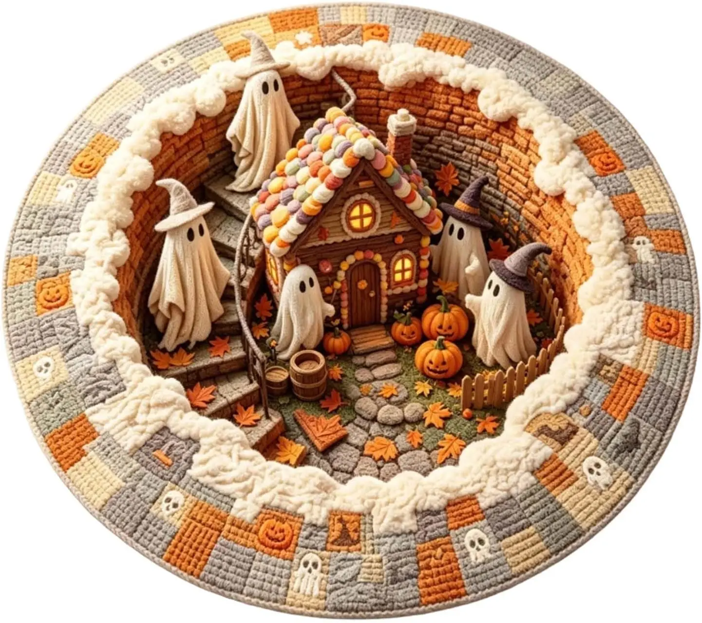 Halloween Round Area Rug, Vintage Quilted‑Style Ghost Pumpkin Haunted House Floor Mat, Non‑Slip Decorative Carpet for Indoor Living Room Bedroom Decor (B1, 31.5IN)