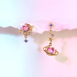 New Ins Asymmetric Moon Heart Earring For Women Cute Gold-plated Pink Zircon Heart Stud Earrings Fashion Aesthetic Jewelry Gift