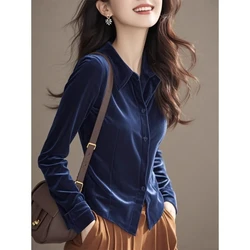 Temperament Blue Slim Button Blouse Spring Autumn Women Clothing Polo Neck Long Sleeve Solid Office Shirt Tops Elegant Fashion