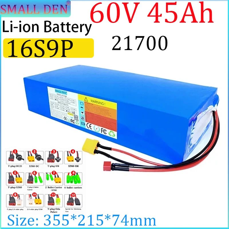 Paket Baterai Lithium 60V 45Ah 21700 16S9P 45000MAh dengan BMS 50A Bawaan, Cocok untuk Baterai Cadangan Berkemah Perjalanan Luar Ruangan RV