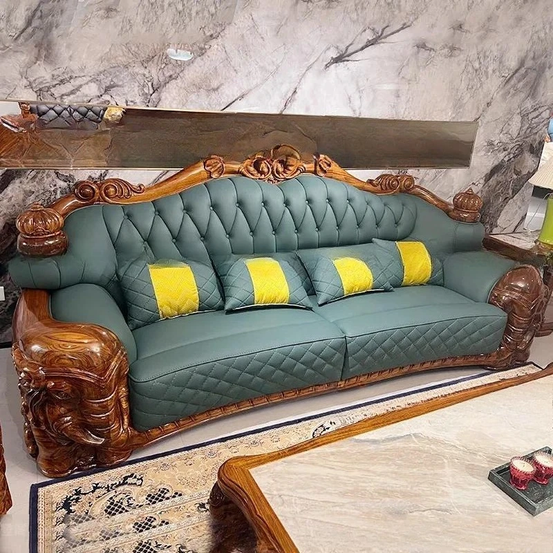 Ebony Thickened Top Leather Sofa Set with Crown Elephant Carving