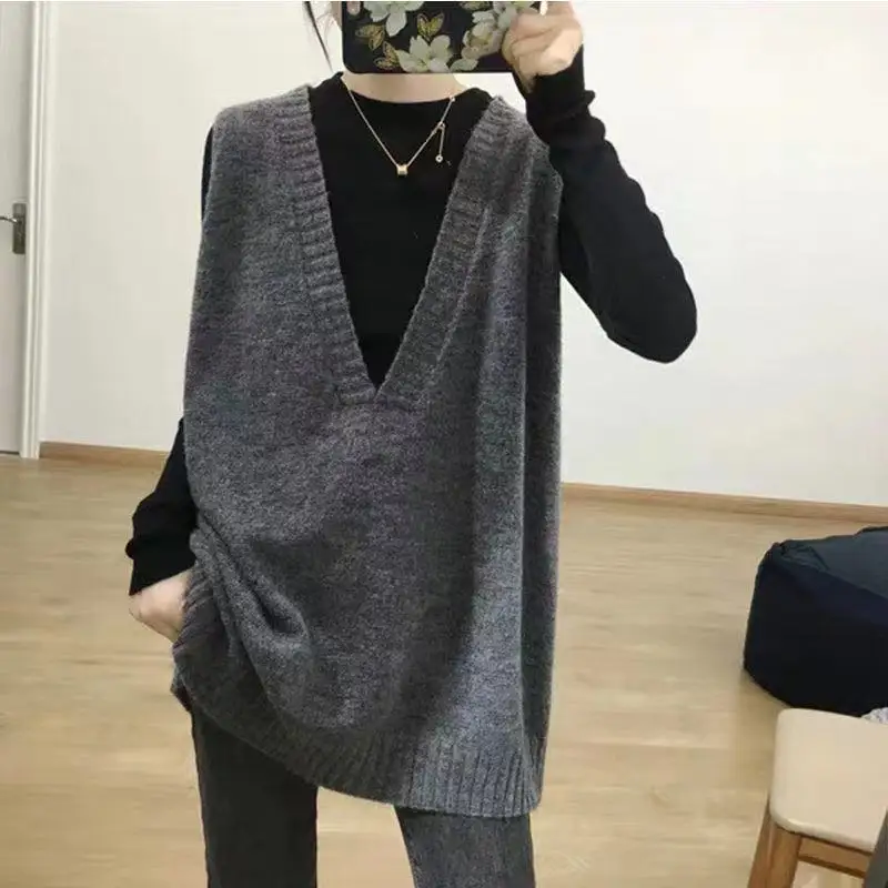 Loose Sweater Vest Mid-Length Open Front V-Neck  Color Commute Style Autumn Winter Fashion Women's Vest Top