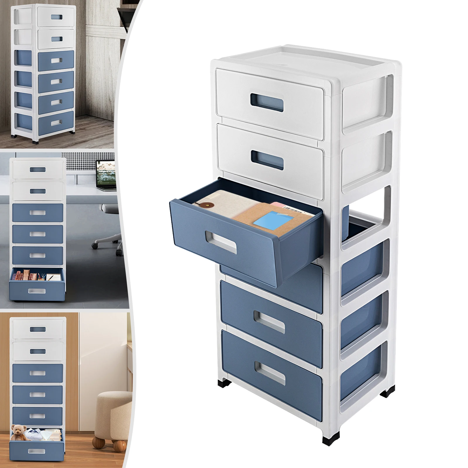 

6 Drawer Chest Storage Cabinets Office Drawer Plastic Stacking 6-Drawer Storage Organizer for Office Home White & Blue