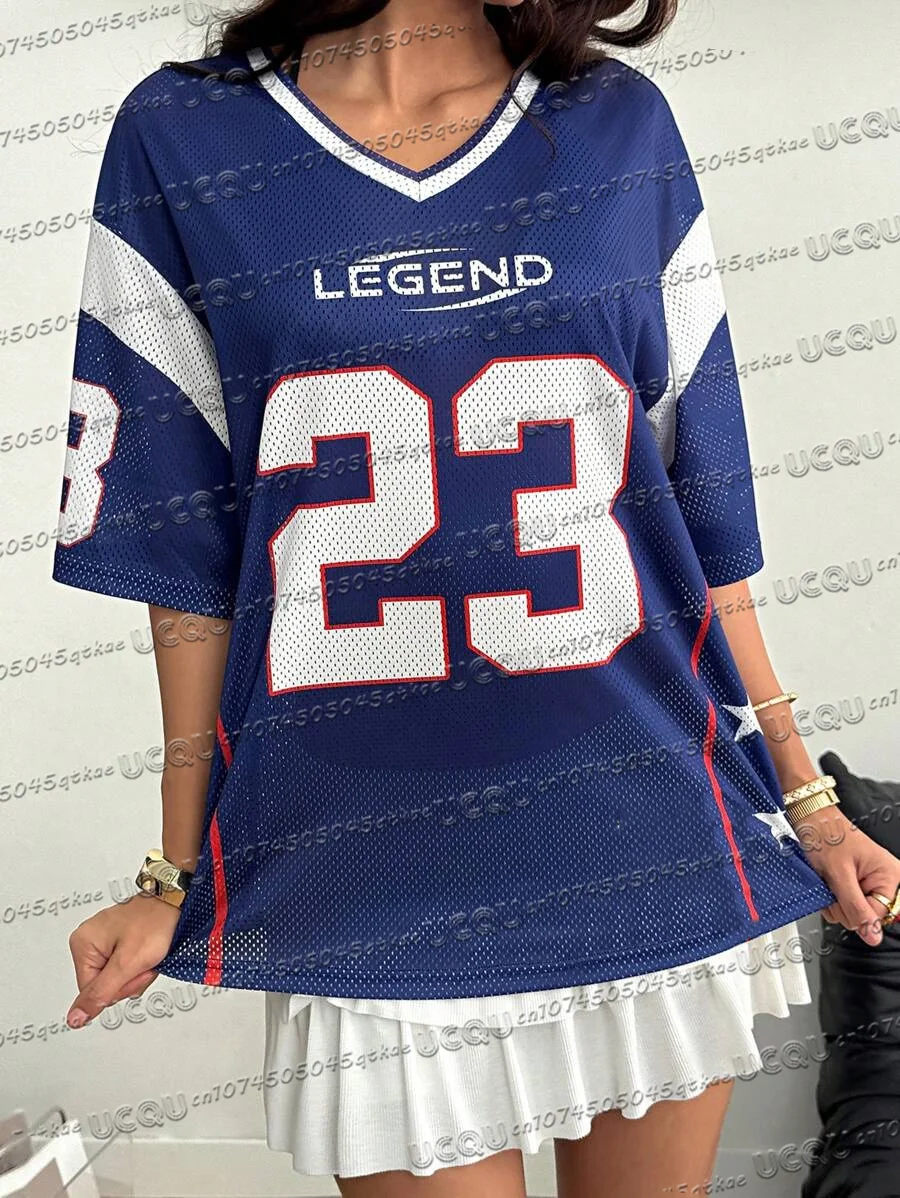 المرأة الصيف جديد شبكة تنفس جيرسي تي شيرت الخامس الرقبة الكتف قطرة الرقمية المطبوعة مثير الزي قصيرة الأكمام Y2k رداء علوي غير رسمي #3