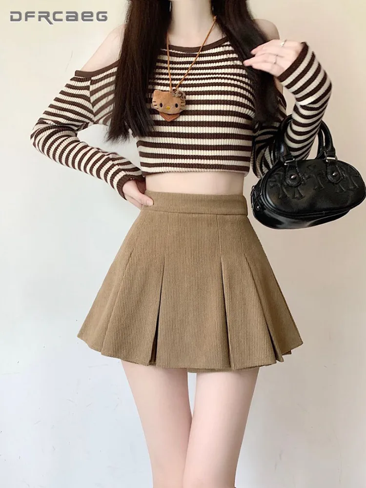 

Вельветовые шорты в стиле преппи, юбки для женщин, тонкая школьная юбка трапециевидной формы с высокой талией, женская юбка
