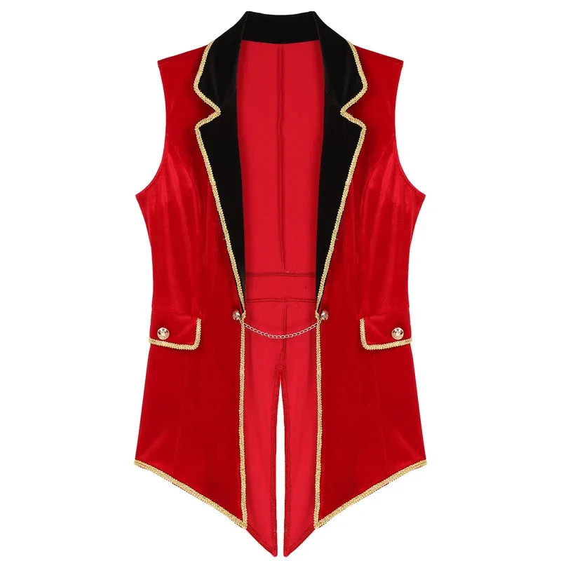 Mens Circus Ringmaster Tailcoat Halloween Cosplay Costume Lapel Sleeveless Gold Details Velvet Jacket