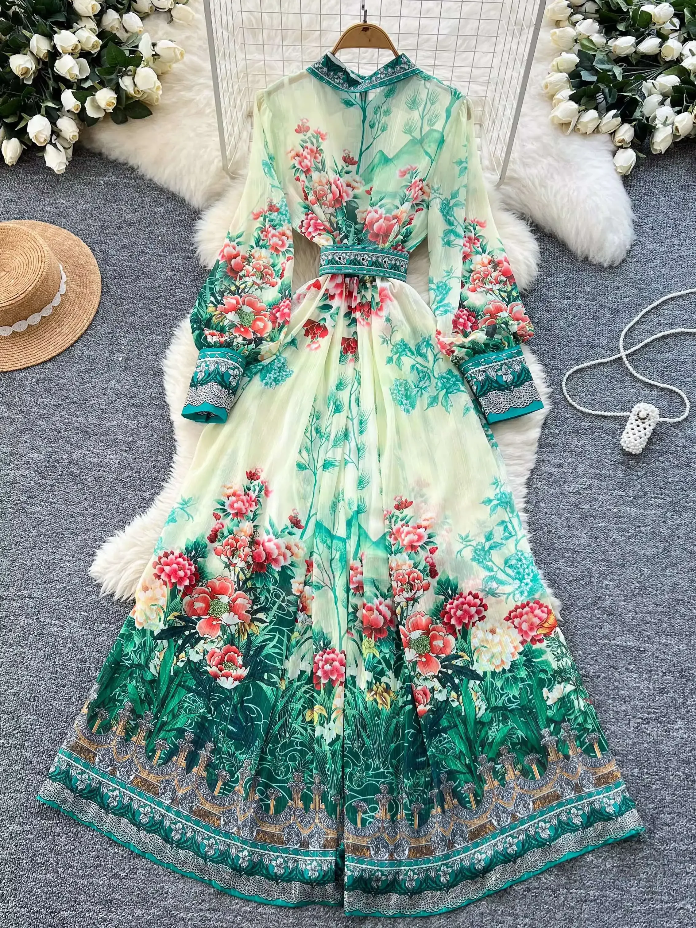 우아한 궁전 스타일 브랜드 디자이너 싱글 브레스트 긴 소매 꽃 맥시 드레스 셔츠 여성 캐주얼 프린트 쉬폰 드레스