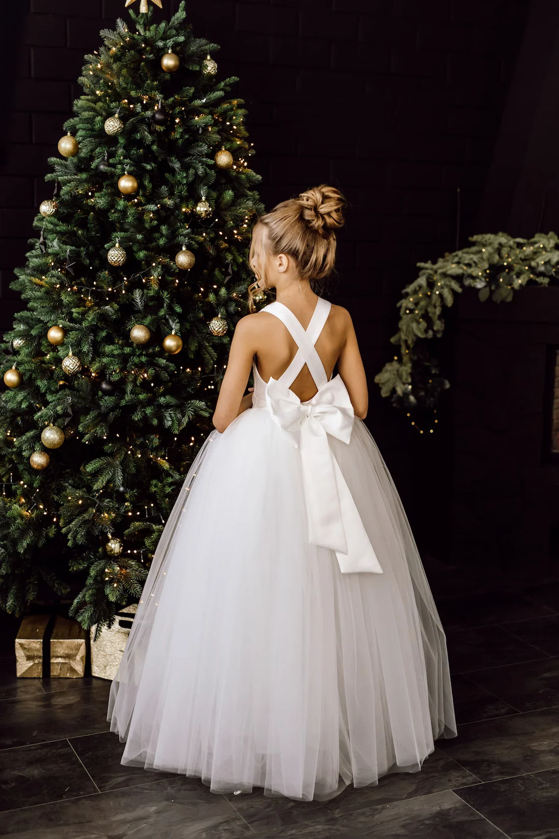 Vestido longo de flor branca com alças cruzadas para meninas, tule arco, inchado, festa de casamento, bola, aniversário, primeira comunhão