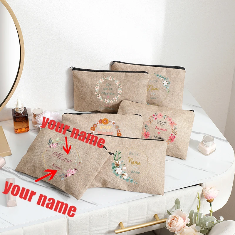 

Personalized with Name Flowers Baptism Patterns Jute Zipper Cosmetic Makeup Bag Travel Organizer for Children Birthday Christmas