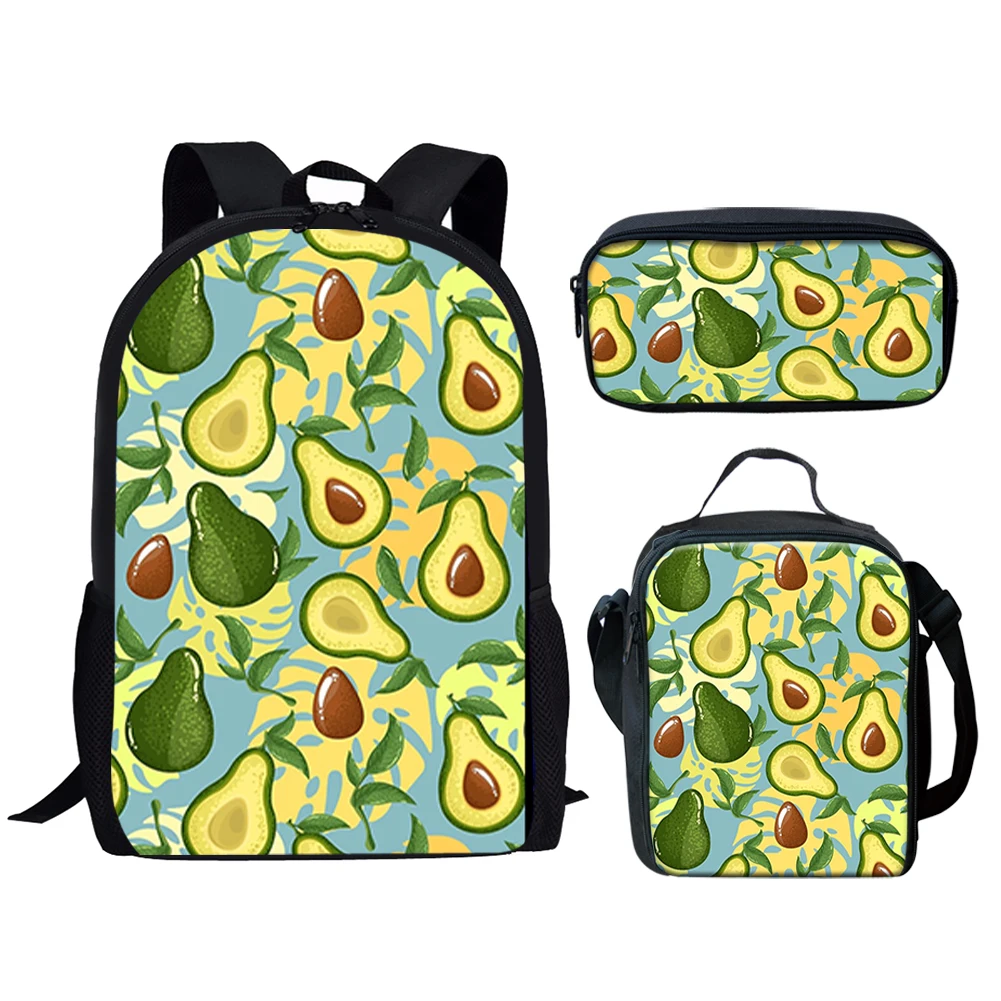 Ensemble de sacs d'école à motif d'avocat vert pour adolescents, sac à dos décontracté, sac à lunch, étui à crayons, garçon, fille, fruit, 3 pièces