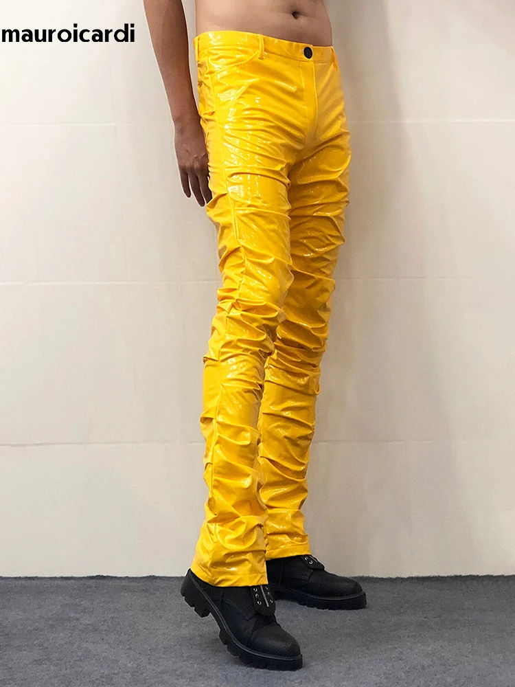 Mauroicardi Spring Autumn Yellow Blue Shiny Reflective Stretchy Soft PVC Faux Leather Stacked Pants for Men 2023 Y2K Streetwear