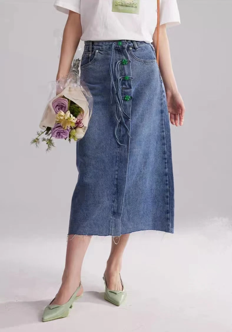 

Blue Chinese Element Button Denim Skirt for Women 2023 New High Waist Fur A-line Long Dress Summer