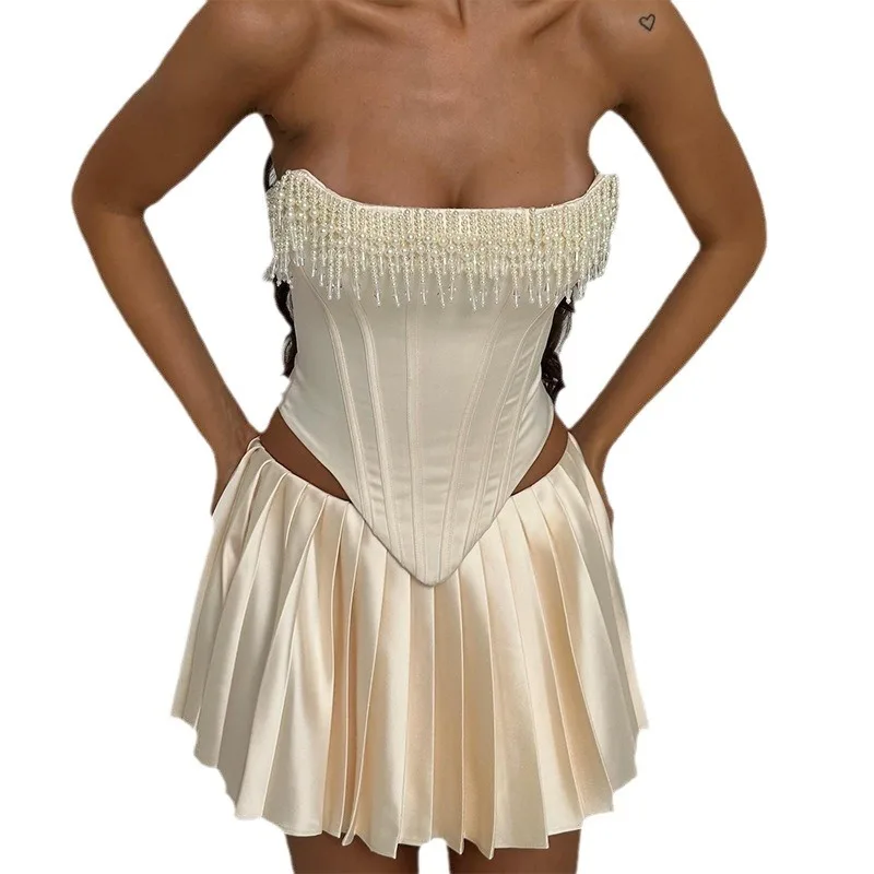 Camisole à pampilles perlées pour femmes, haut court blanc, corset élégant, bustier tubulaire, sexy, mince, fête, nouvelle mode, 2024