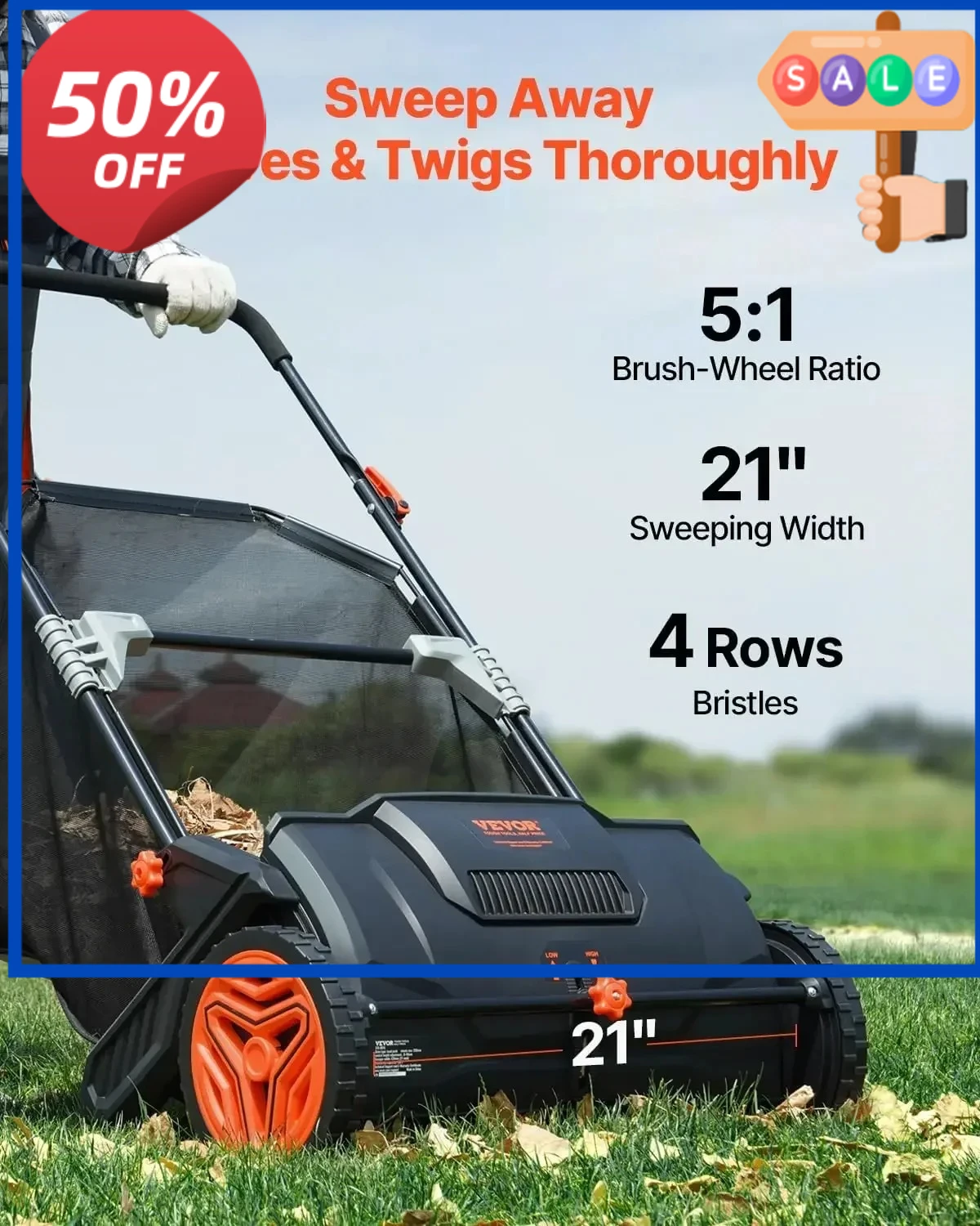 

Push Lawn Sweeper,21-inch Leaf & Grass Collector,Strong Rubber Wheels & Heavy Duty Thickened Steel Durable to Use