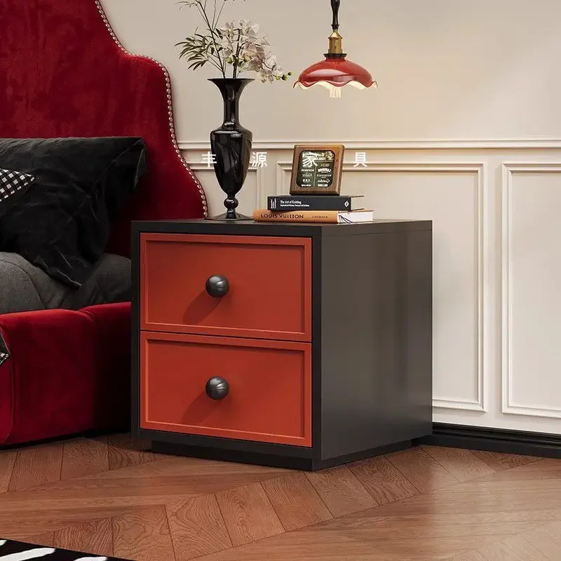 Vintage Contrast Color Bedside Cabinet Double Drawer Design Single Round Knob Minimalist Sofa Corner Small Storage Night Table