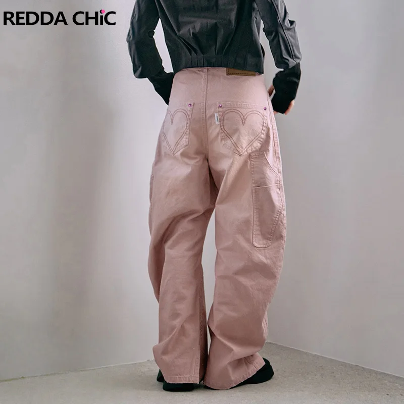 

REDDACHiC Barrel Wide Leg Women Jeans Y2K Pink Heart Embroidered Splice Wash Loose High Rise Denim Pants Kawaii Everyday Wear