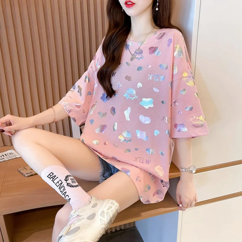 Women's Summer Gold Stamping Reflective Short Sleeve T-shirt Fashion Casual Loose Versatile Round Neck Tops Mid Length T-shirt