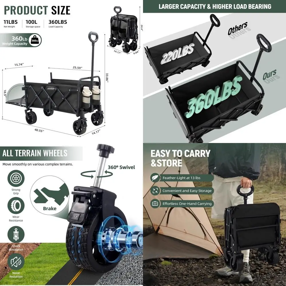 

Extra Long 40 Collapsible Wagon with 360LBS Capacity, Portable Utility Cart for Outdoor Activities, Shopping, and Gardening - Bl